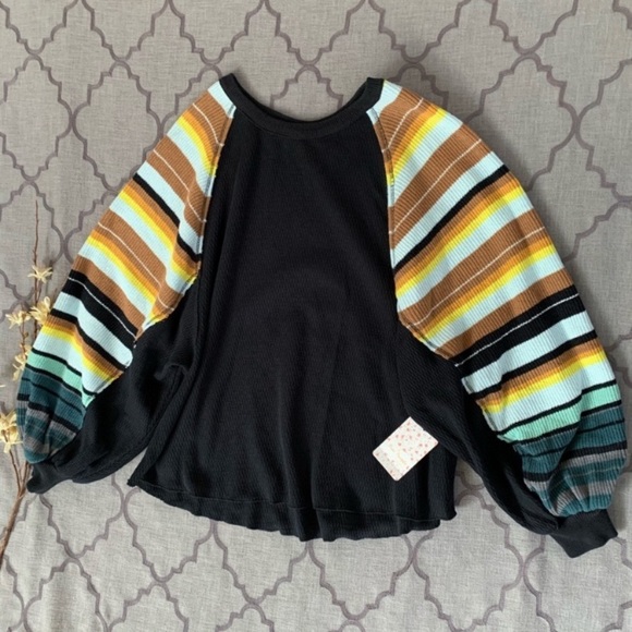 🌈NWT🌈 FP Black Rainbow Stripe Balloon Sleeve Top - Picture 9 of 15